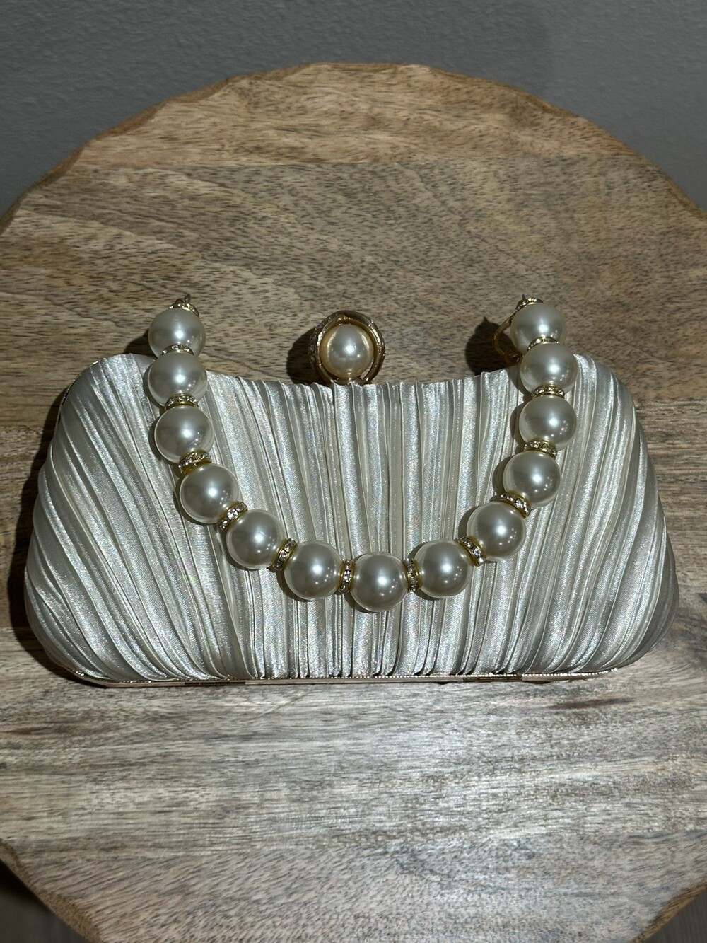 Clutch Purse Satin Pearl Evening Bag Handbag Chain Strap Shoulder Bag Champange